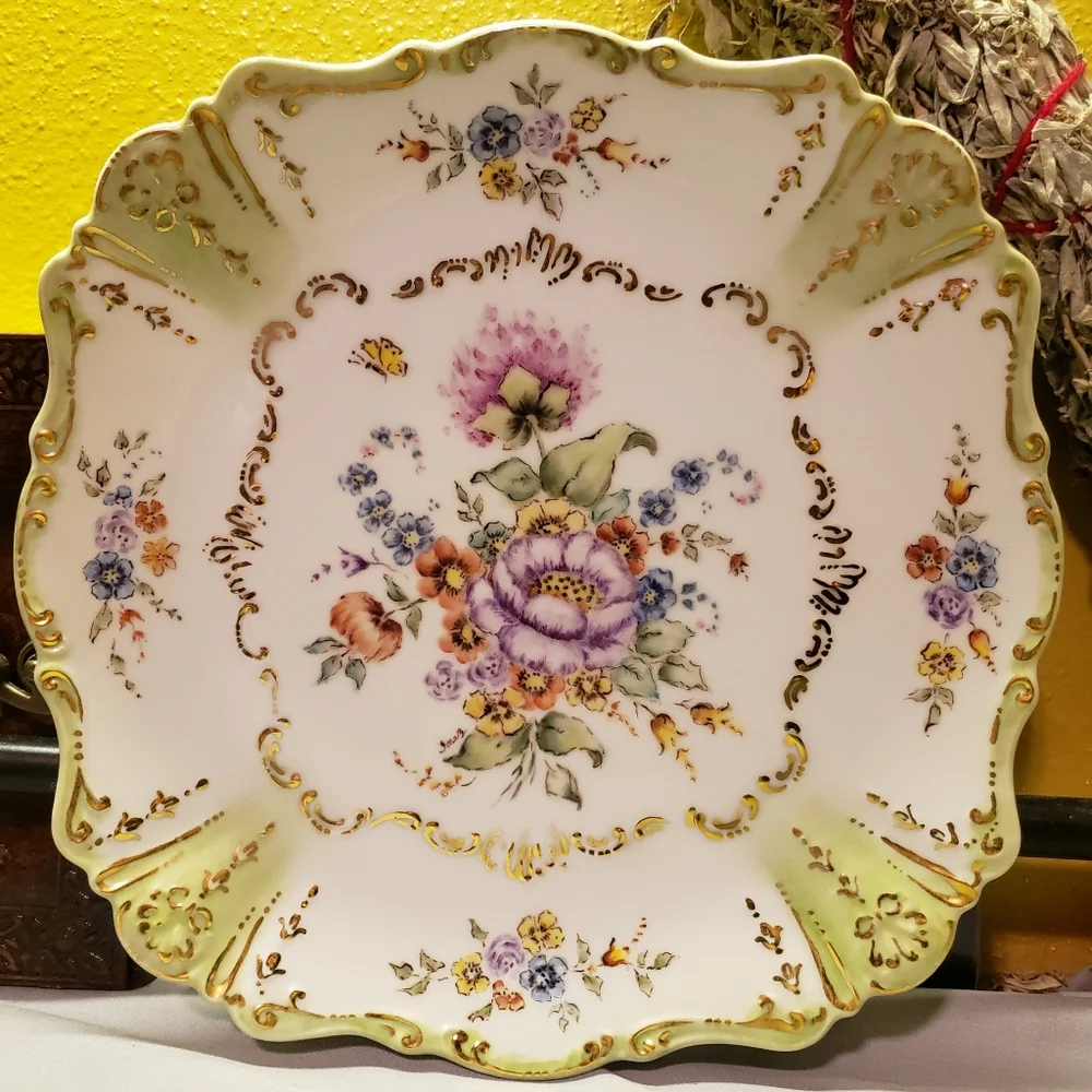 HP 😀 Vintage Square Plate Limoge Floral Gold Accents